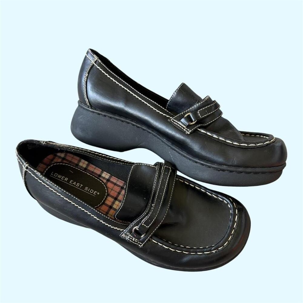 Lower East Side black faux leather platform loafers with buckle detail